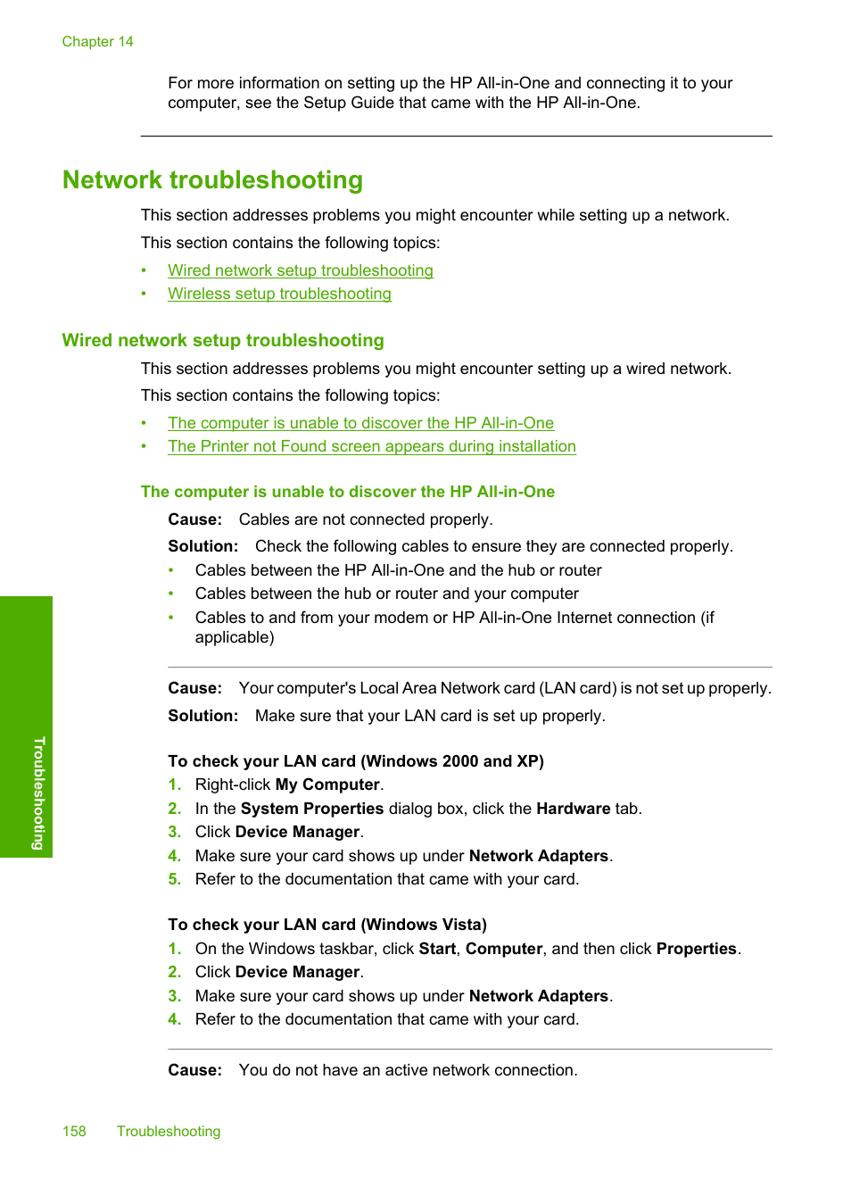 Network troubleshooting, Wired network setup troubleshooting, Network | HP Photosmart C8180 All-in-One Printer User Manual | Page 159 / 235