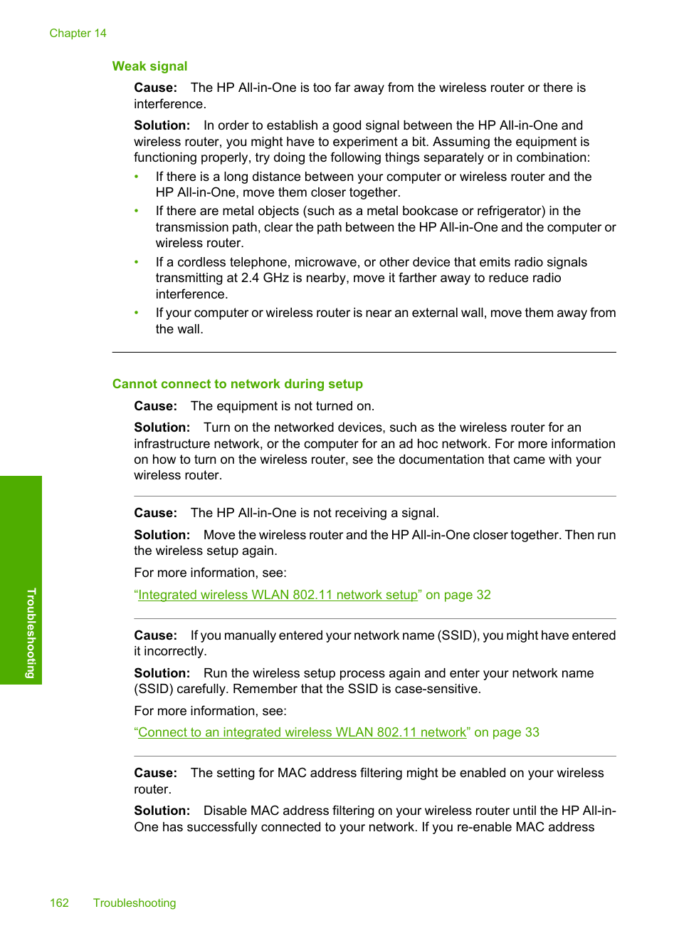 Weak signal, Cannot connect to network during setup | HP Photosmart C8180 All-in-One Printer User Manual | Page 163 / 235