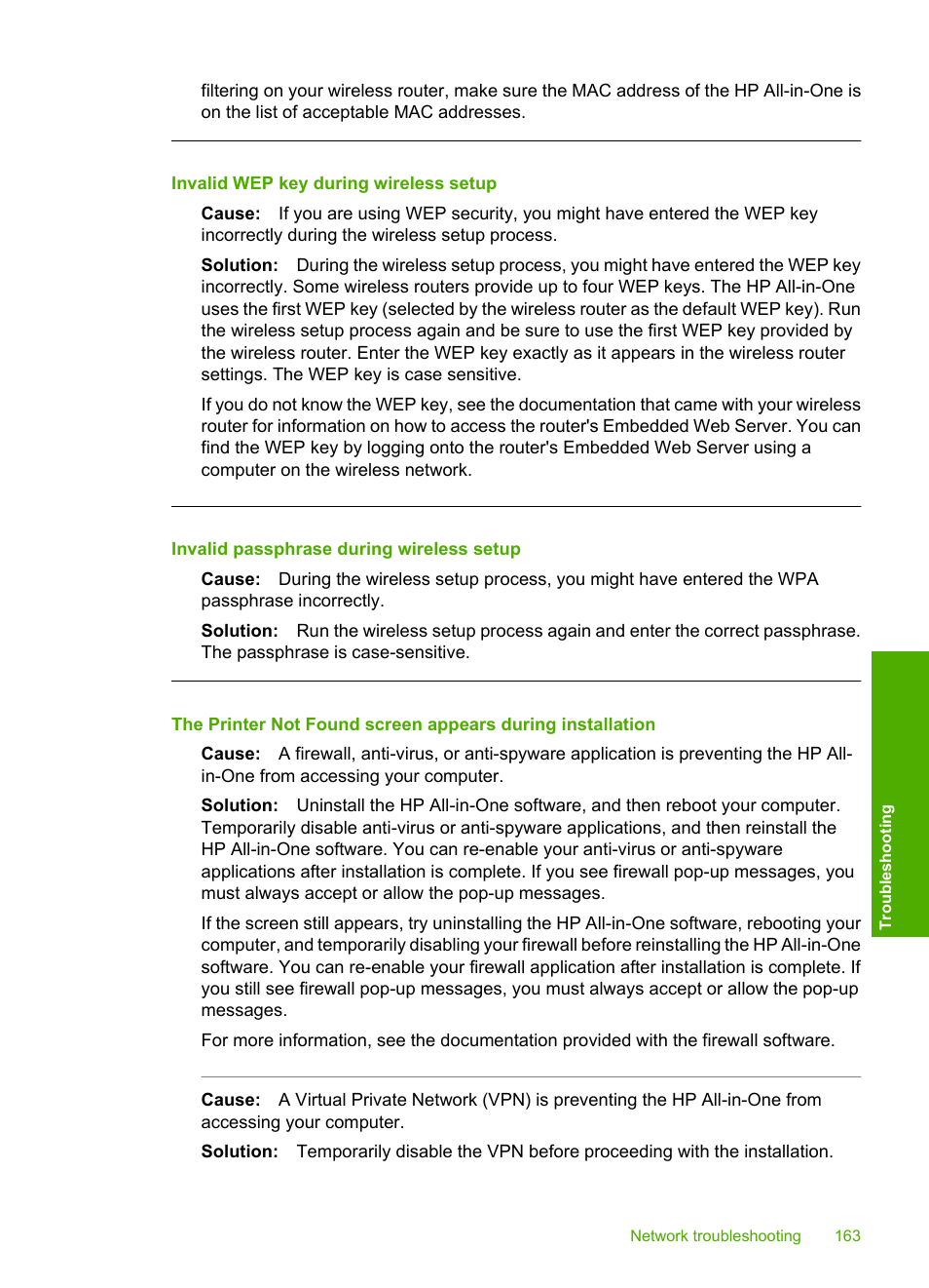 Invalid wep key during wireless setup, Invalid passphrase during wireless setup | HP Photosmart C8180 All-in-One Printer User Manual | Page 164 / 235