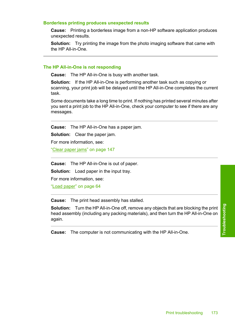 Borderless printing produces unexpected results, The hp all-in-one is not responding | HP Photosmart C8180 All-in-One Printer User Manual | Page 174 / 235