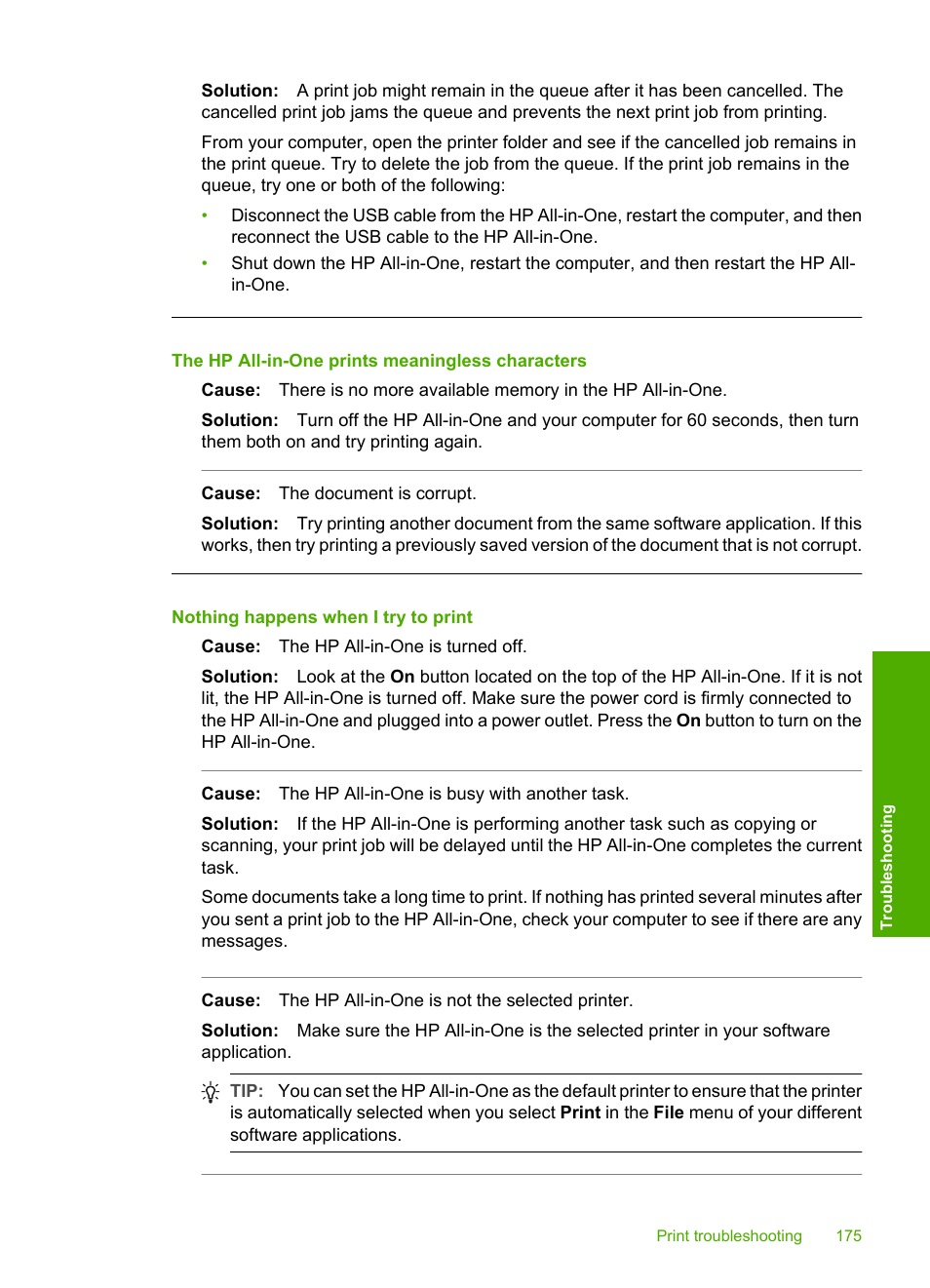 The hp all-in-one prints meaningless characters, Nothing happens when i try to print | HP Photosmart C8180 All-in-One Printer User Manual | Page 176 / 235