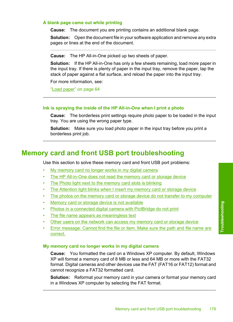 Memory card and front usb port troubleshooting, Ra, or storage device, see, Memory card and front | HP Photosmart C8180 All-in-One Printer User Manual | Page 180 / 235