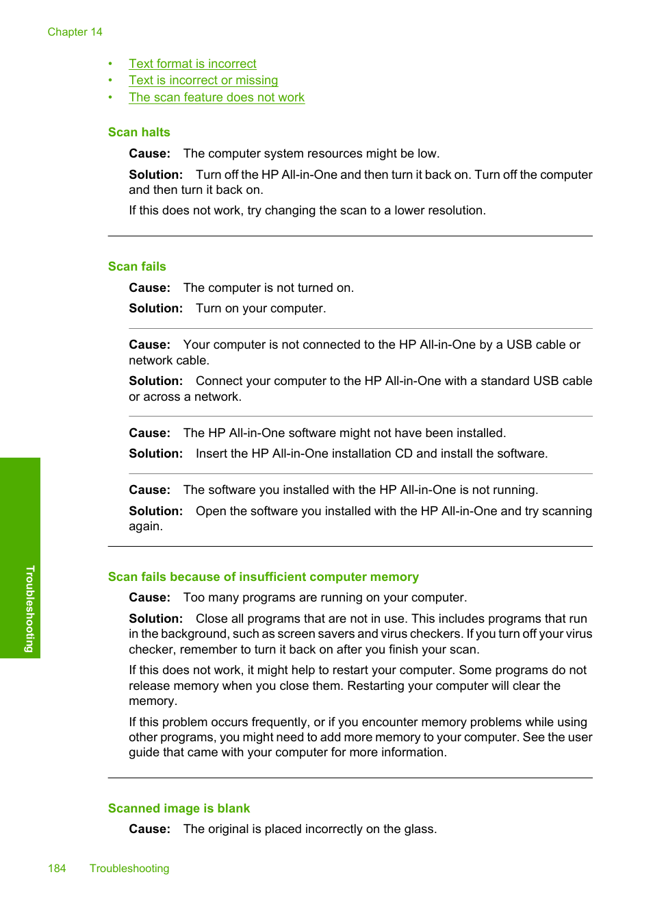 Scan halts, Scan fails, Scan fails because of insufficient computer memory | Scanned image is blank | HP Photosmart C8180 All-in-One Printer User Manual | Page 185 / 235