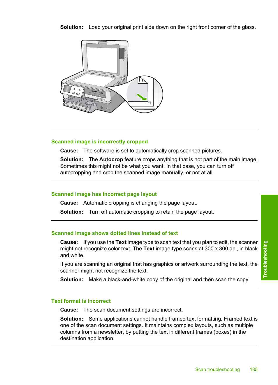 Scanned image is incorrectly cropped, Scanned image shows dotted lines instead of text | HP Photosmart C8180 All-in-One Printer User Manual | Page 186 / 235