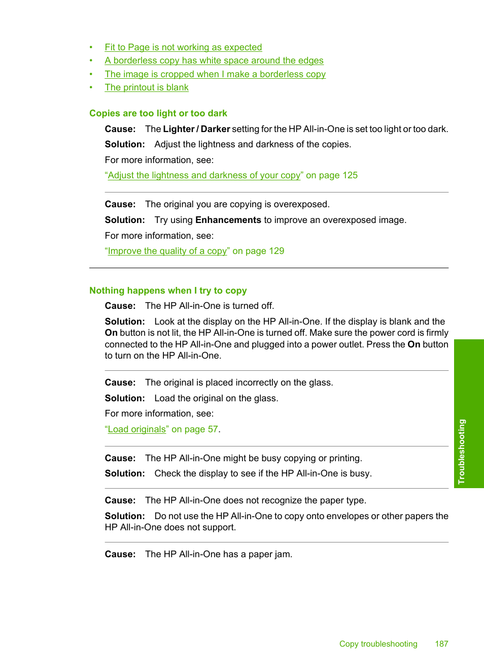 Copies are too light or too dark, Nothing happens when i try to copy | HP Photosmart C8180 All-in-One Printer User Manual | Page 188 / 235