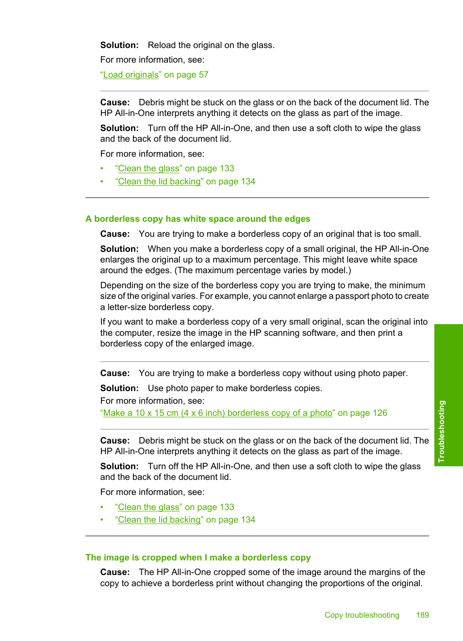 A borderless copy has white space around the edges, The image is cropped when i make a borderless copy | HP Photosmart C8180 All-in-One Printer User Manual | Page 190 / 235