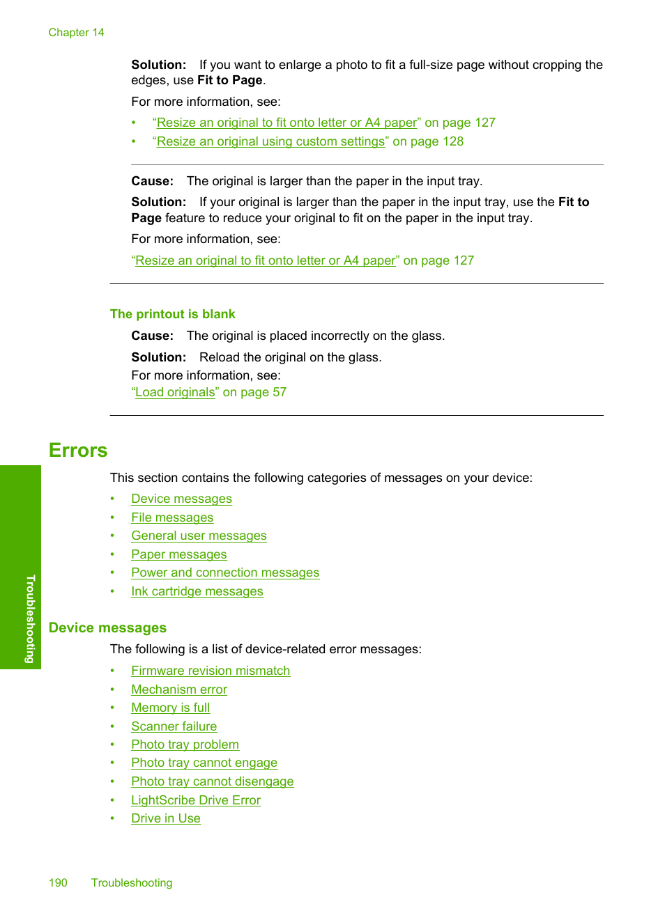 Errors, Device messages, Device messages file messages | Supported file types for the hp all-in-one, The printout is blank | HP Photosmart C8180 All-in-One Printer User Manual | Page 191 / 235