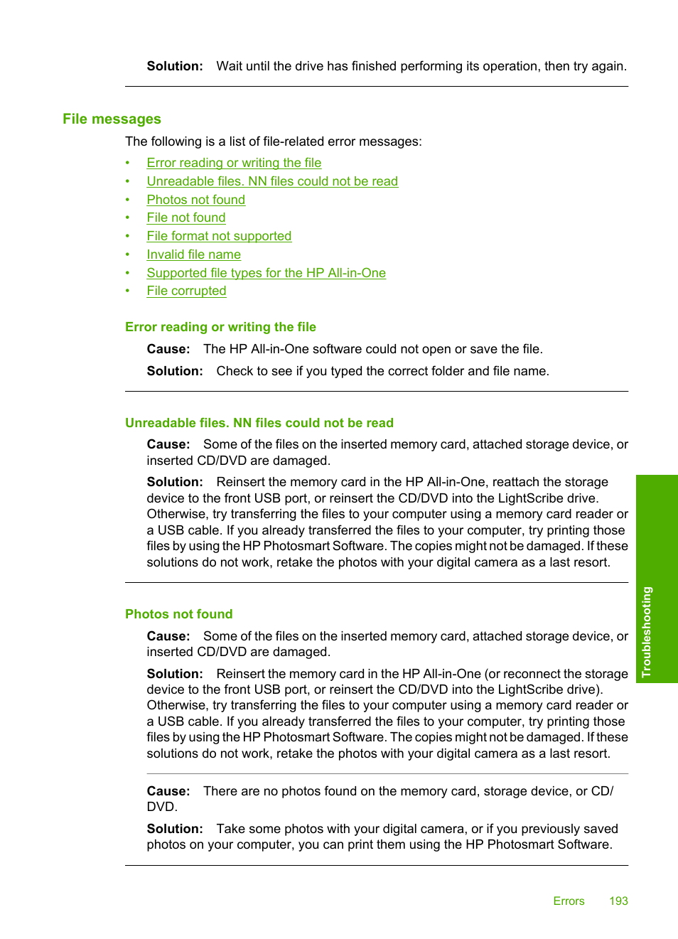 File messages | HP Photosmart C8180 All-in-One Printer User Manual | Page 194 / 235