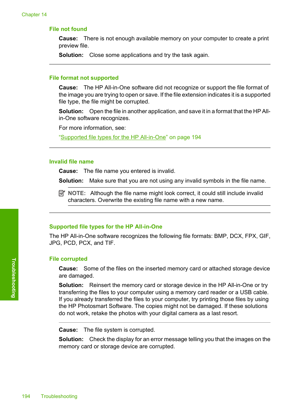 Supported file types for the hp all-in-one, File not found, File format not supported | Invalid file name, File corrupted | HP Photosmart C8180 All-in-One Printer User Manual | Page 195 / 235