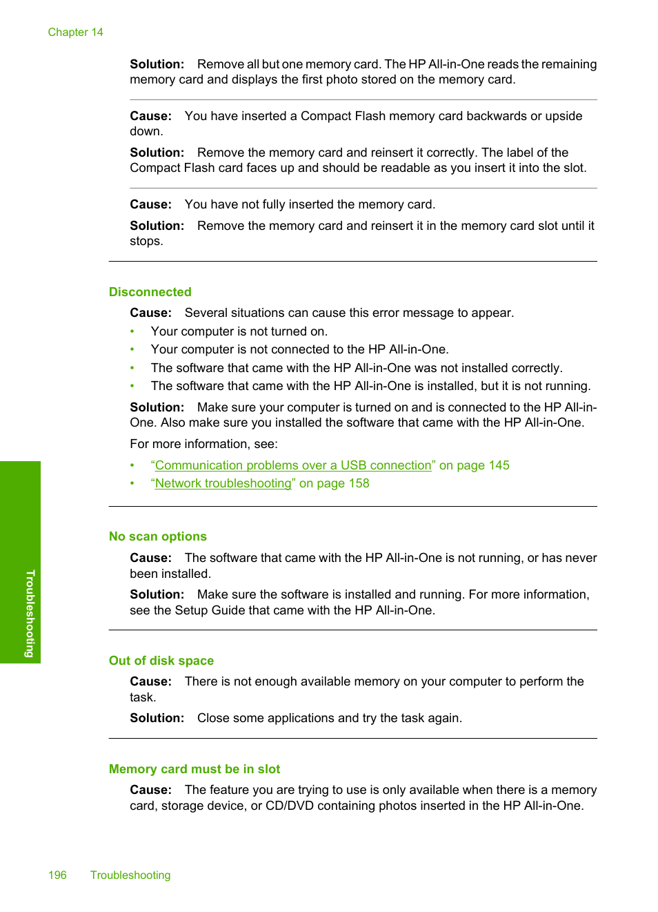 Disconnected, No scan options, Out of disk space | Memory card must be in slot | HP Photosmart C8180 All-in-One Printer User Manual | Page 197 / 235