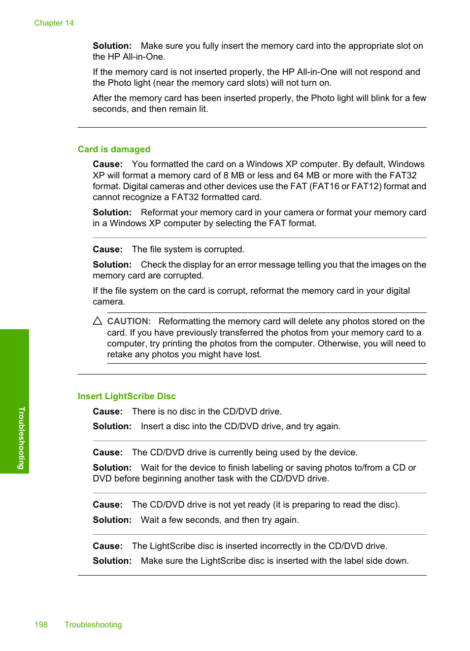 Card is damaged, Insert lightscribe disc | HP Photosmart C8180 All-in-One Printer User Manual | Page 199 / 235