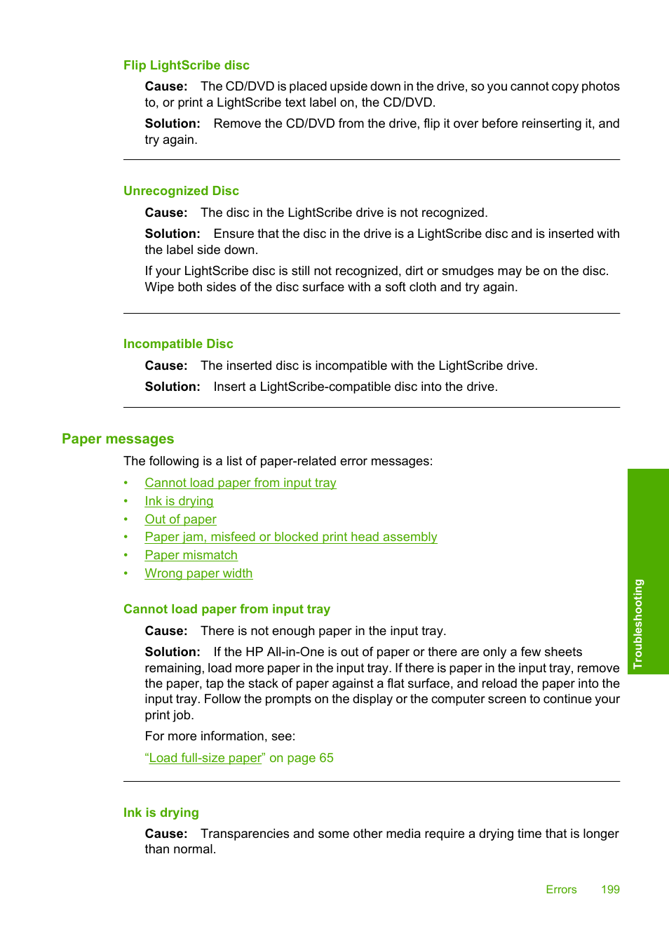 Paper messages, Flip lightscribe disc, Unrecognized disc | Incompatible disc | HP Photosmart C8180 All-in-One Printer User Manual | Page 200 / 235