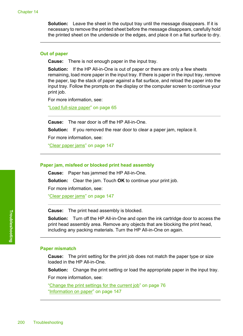 Out of paper, Paper jam, misfeed or blocked print head assembly, Paper mismatch | HP Photosmart C8180 All-in-One Printer User Manual | Page 201 / 235