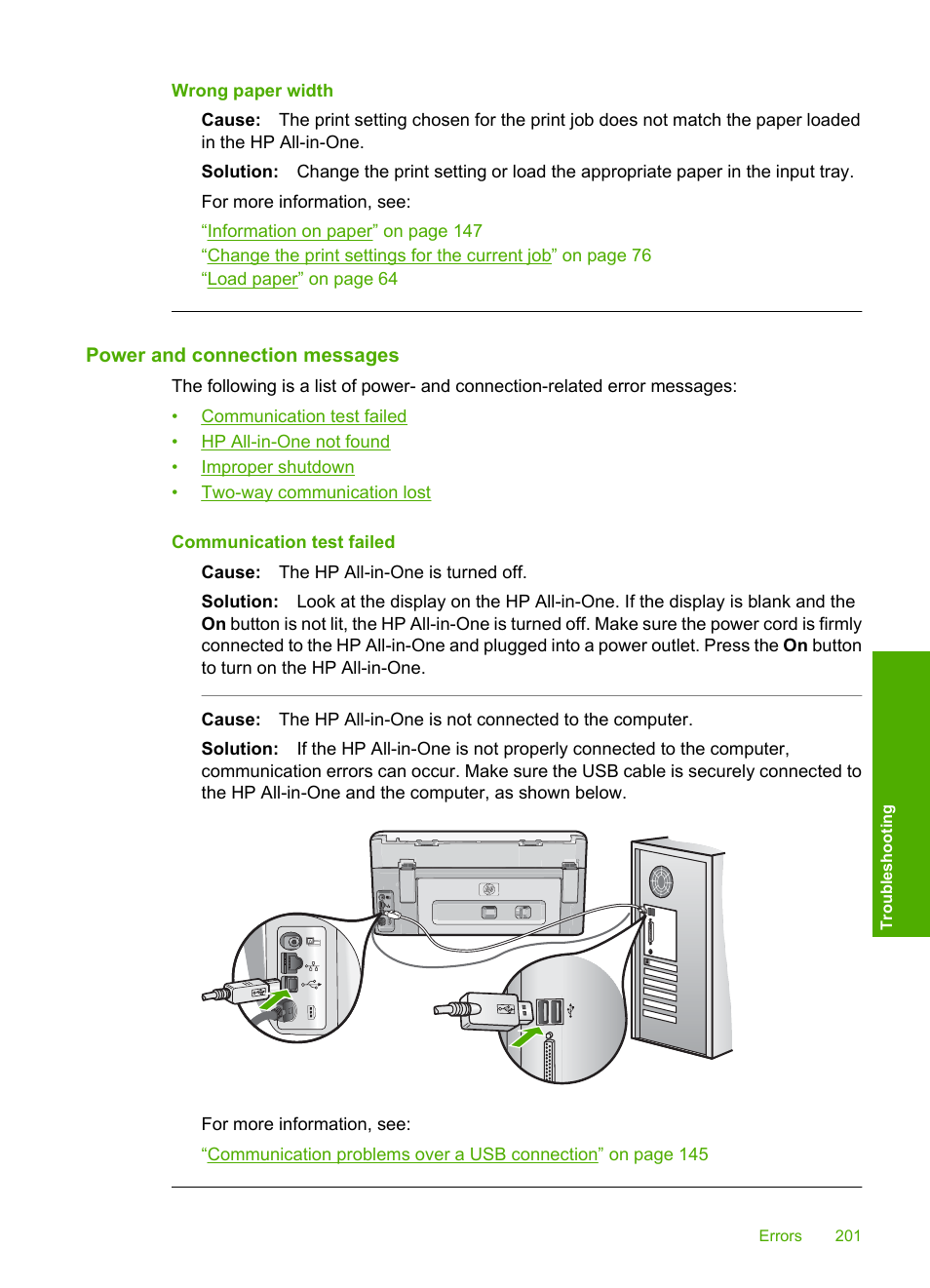 Power and connection messages, Wrong paper width | HP Photosmart C8180 All-in-One Printer User Manual | Page 202 / 235
