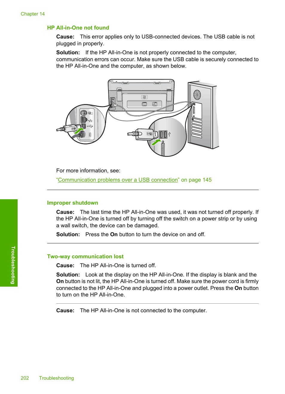 Hp all-in-one not found, Improper shutdown, Two-way communication lost | HP Photosmart C8180 All-in-One Printer User Manual | Page 203 / 235