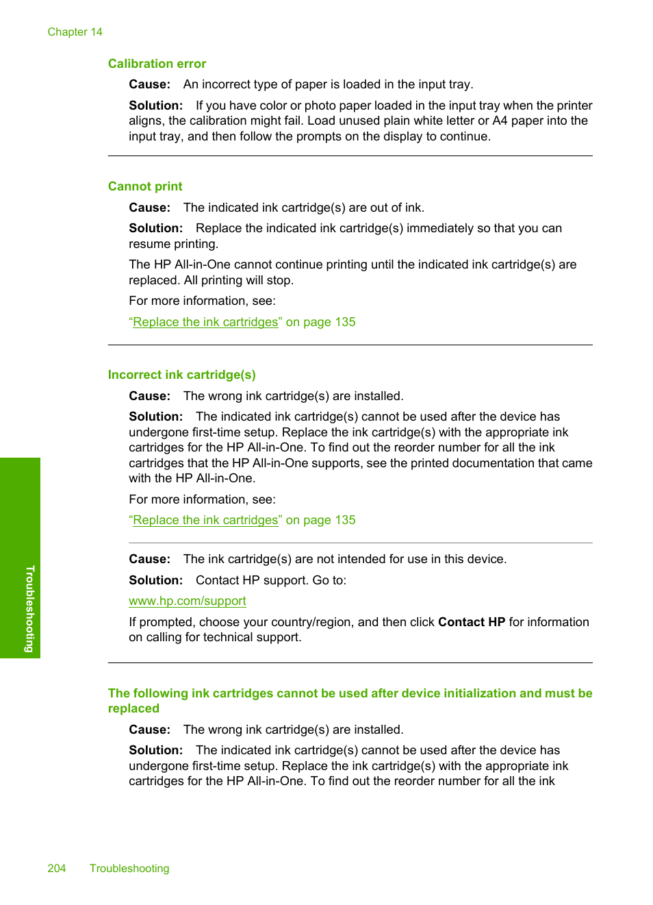 Calibration error, Cannot print, Incorrect ink cartridge(s) | HP Photosmart C8180 All-in-One Printer User Manual | Page 205 / 235