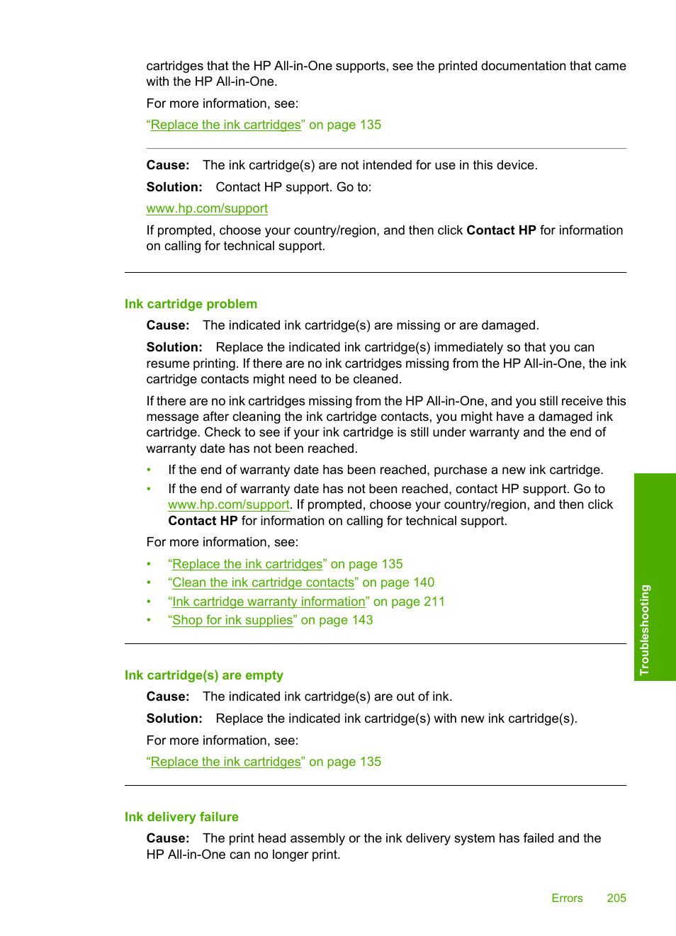 Ink cartridge problem, Ink cartridge(s) are empty, Ink delivery failure | HP Photosmart C8180 All-in-One Printer User Manual | Page 206 / 235