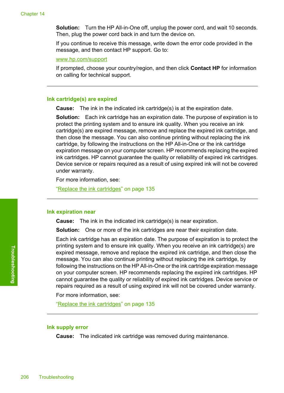 Ink cartridge(s) are expired, Ink expiration near, Ink supply error | HP Photosmart C8180 All-in-One Printer User Manual | Page 207 / 235