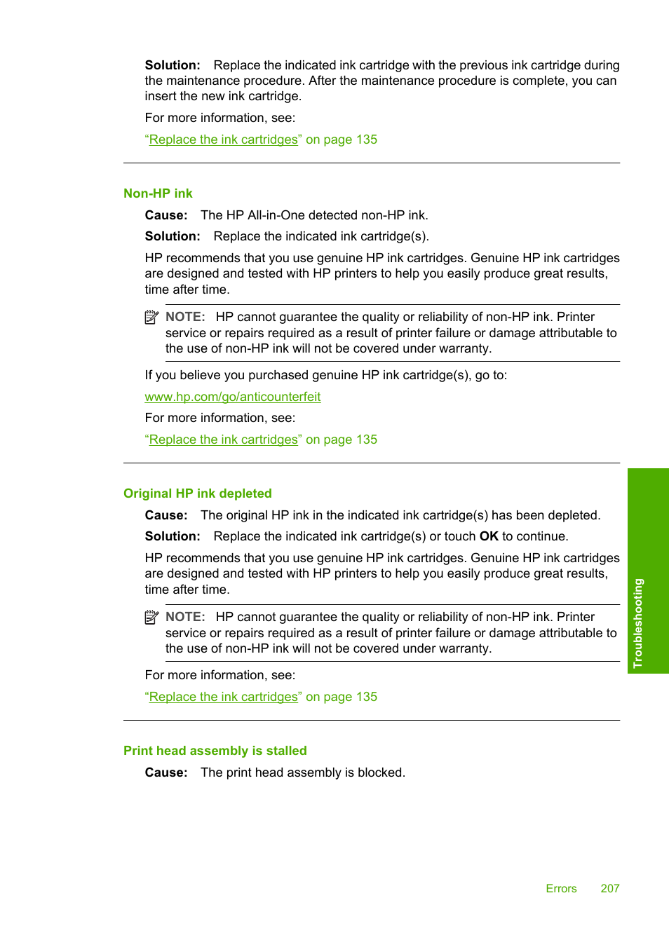 Non-hp ink, Original hp ink depleted, Print head assembly is stalled | HP Photosmart C8180 All-in-One Printer User Manual | Page 208 / 235