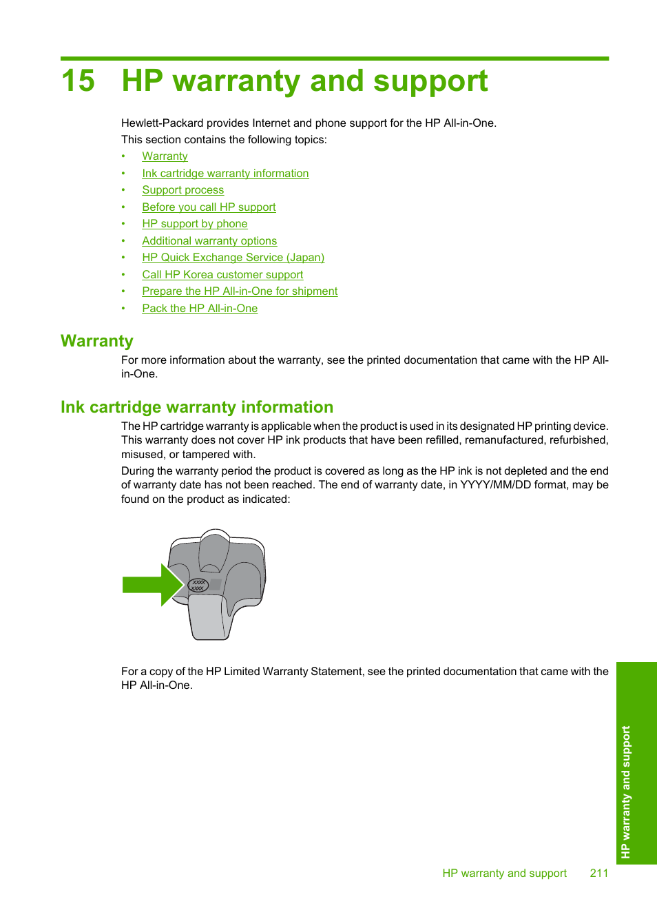 Hp warranty and support, Warranty, Ink cartridge warranty information | 15 hp warranty and support, Warranty ink cartridge warranty information | HP Photosmart C8180 All-in-One Printer User Manual | Page 212 / 235
