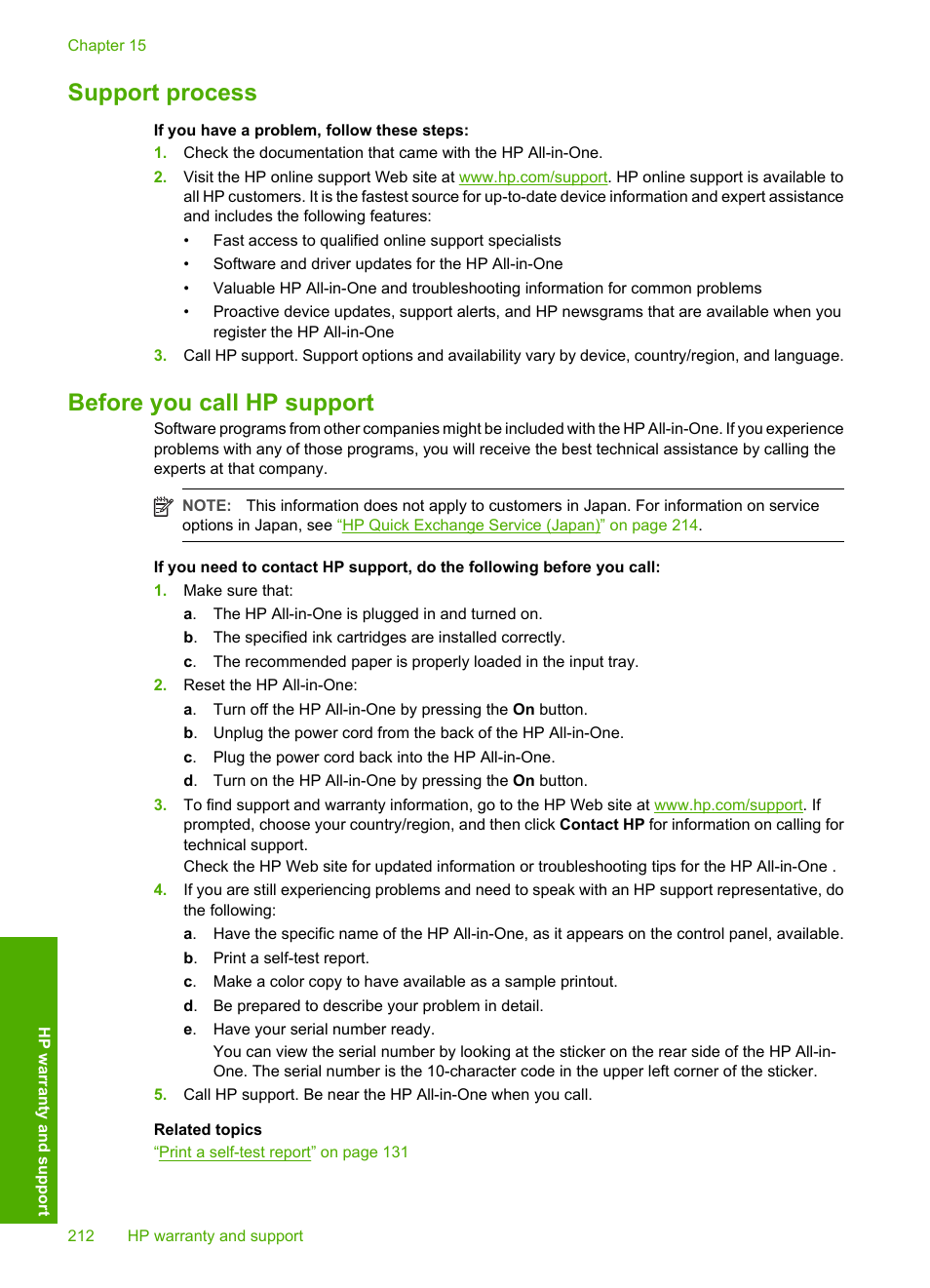 Support process, Before you call hp support, Support process before you call hp support | HP Photosmart C8180 All-in-One Printer User Manual | Page 213 / 235