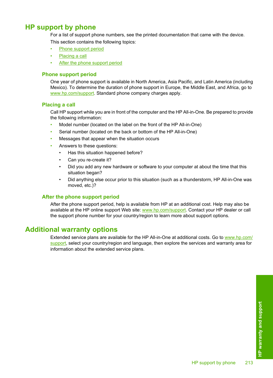 Hp support by phone, Phone support period, Placing a call | After the phone support period, Additional warranty options | HP Photosmart C8180 All-in-One Printer User Manual | Page 214 / 235