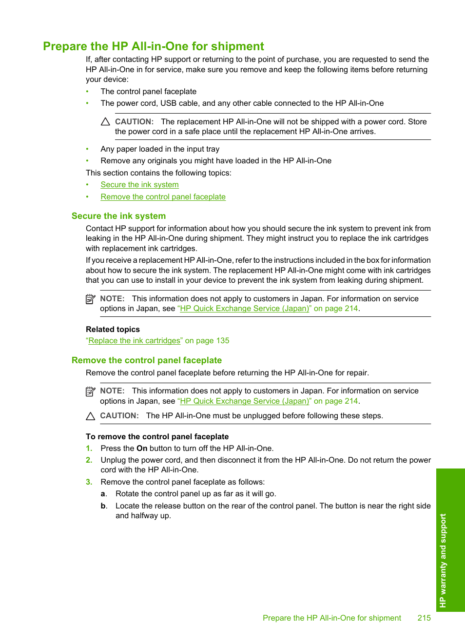 Prepare the hp all-in-one for shipment, Secure the ink system, Remove the control panel faceplate | HP Photosmart C8180 All-in-One Printer User Manual | Page 216 / 235