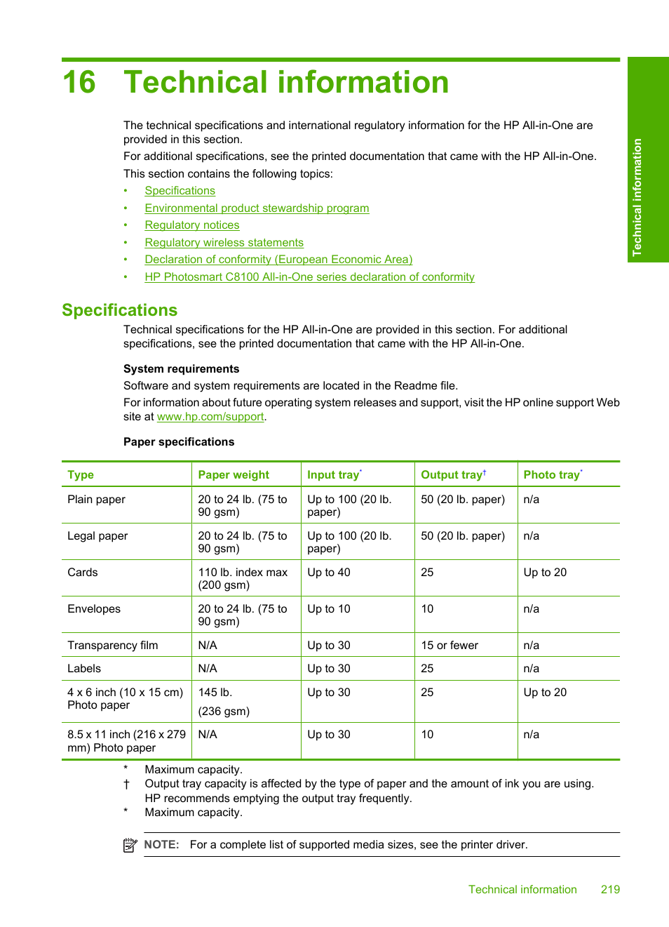 Technical information, Specifications, 16 technical information | HP Photosmart C8180 All-in-One Printer User Manual | Page 220 / 235
