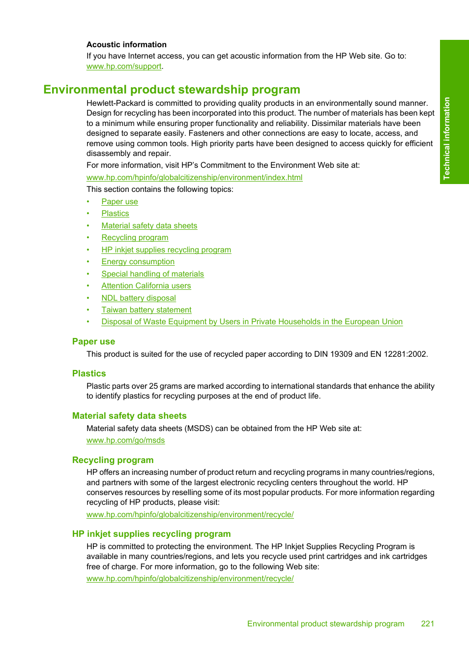 Environmental product stewardship program, Paper use, Plastics | Material safety data sheets, Recycling program, Hp inkjet supplies recycling program | HP Photosmart C8180 All-in-One Printer User Manual | Page 222 / 235