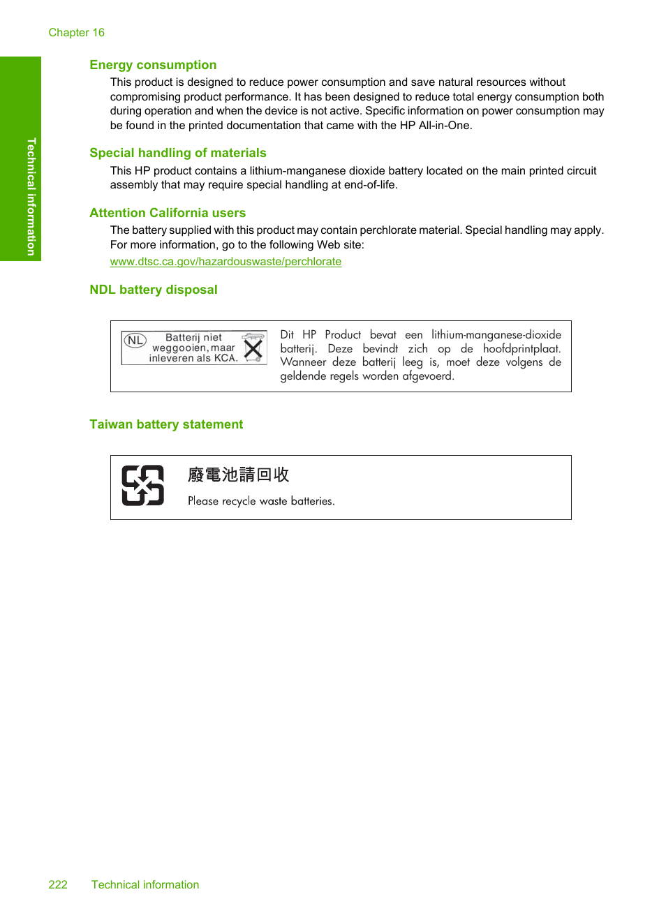 Energy consumption, Special handling of materials, Attention california users | Ndl battery disposal, Taiwan battery statement | HP Photosmart C8180 All-in-One Printer User Manual | Page 223 / 235