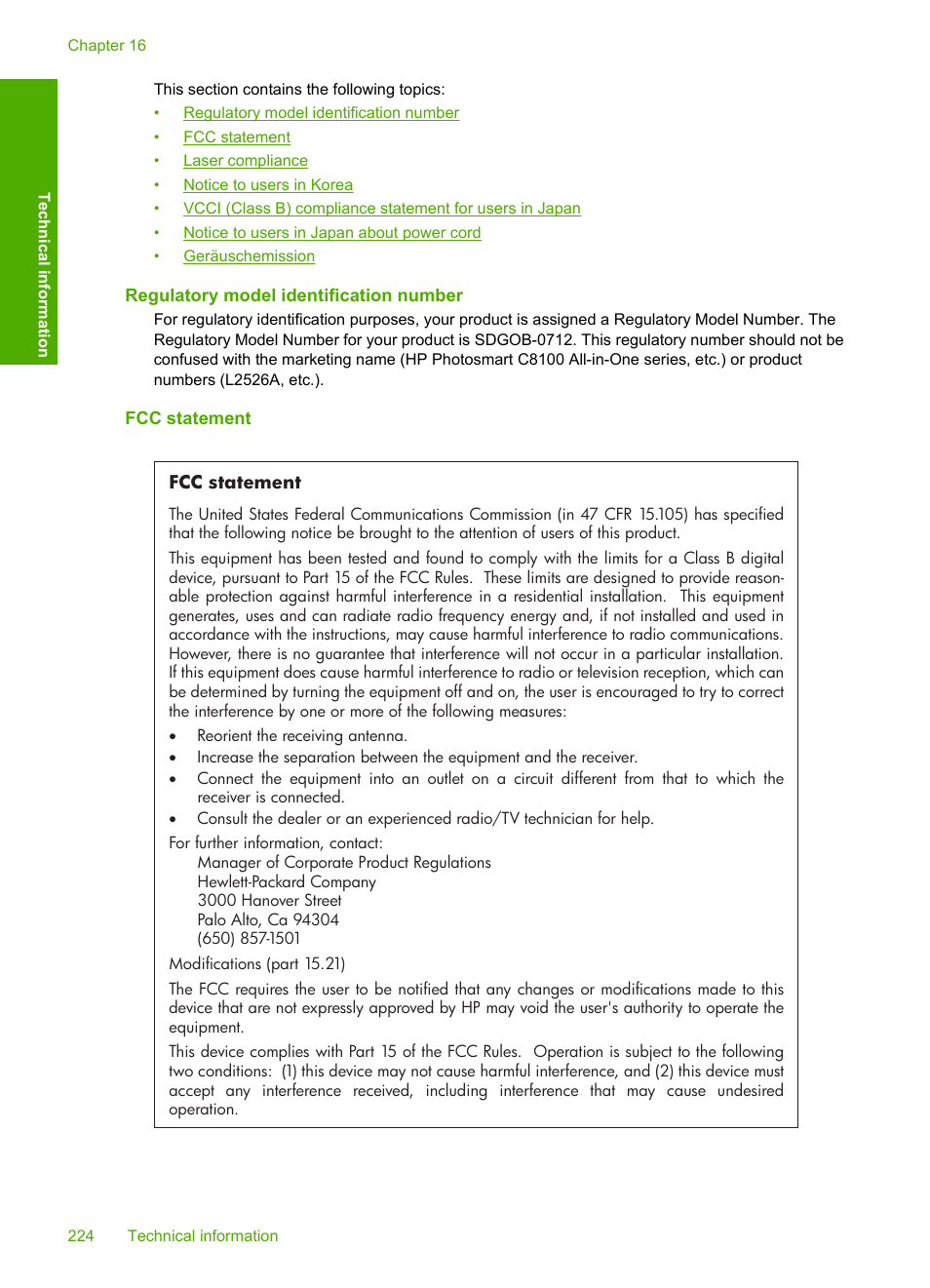 Regulatory model identification number, Fcc statement | HP Photosmart C8180 All-in-One Printer User Manual | Page 225 / 235