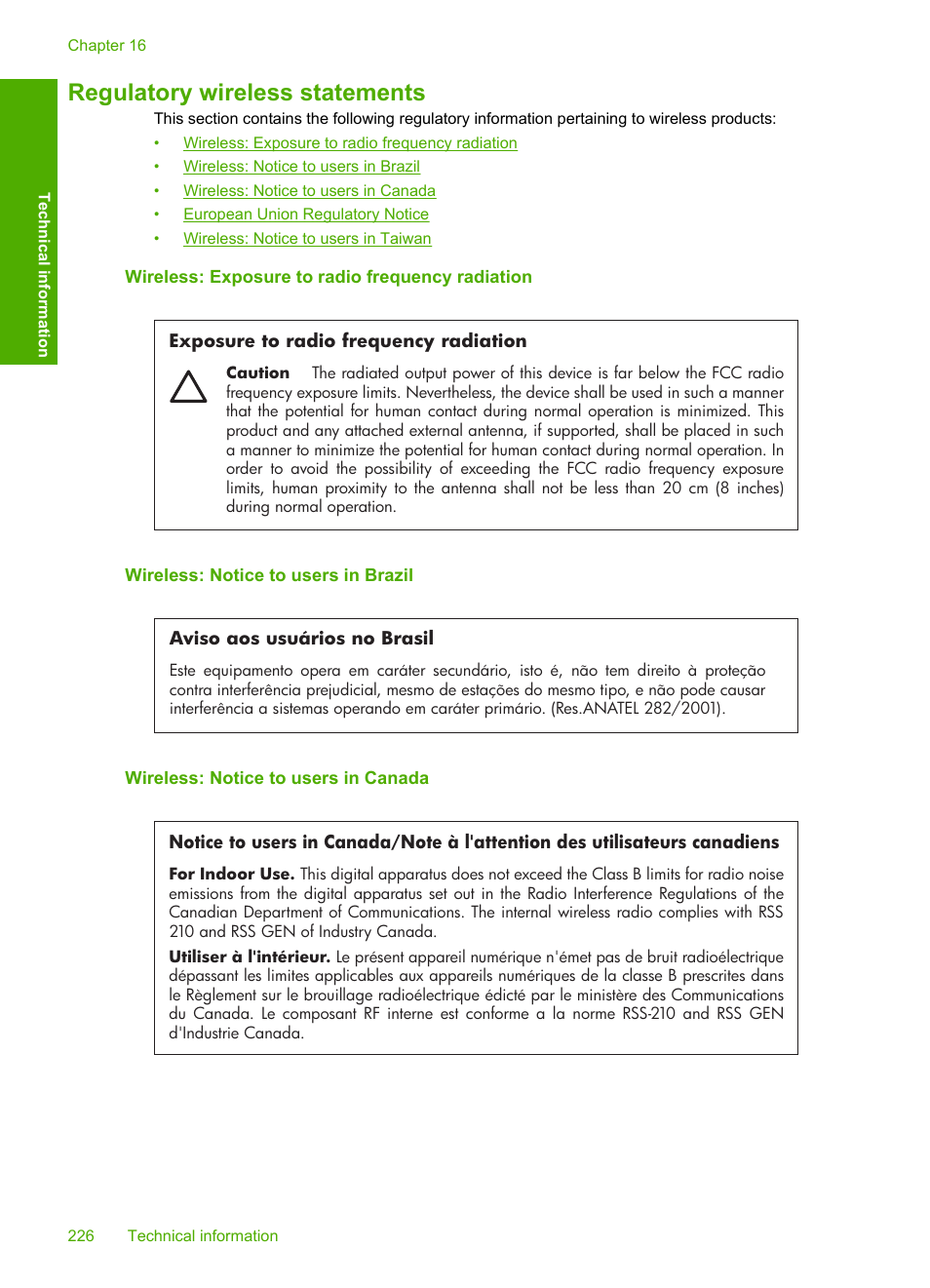 Regulatory wireless statements, Wireless: exposure to radio frequency radiation, Wireless: notice to users in brazil | Wireless: notice to users in canada | HP Photosmart C8180 All-in-One Printer User Manual | Page 227 / 235