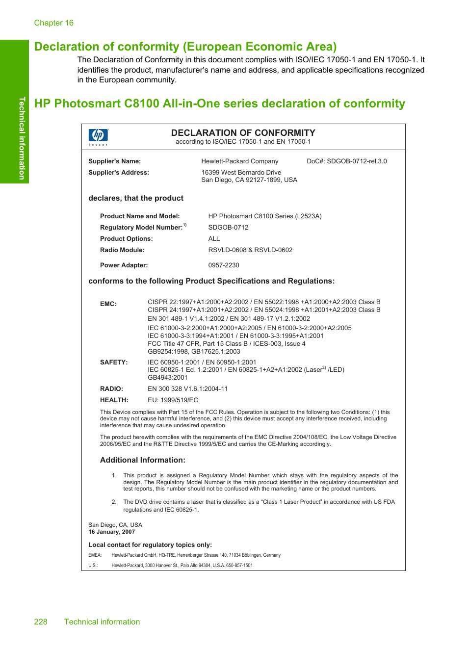 Declaration of conformity (european economic area), Declaration of conformity | HP Photosmart C8180 All-in-One Printer User Manual | Page 229 / 235