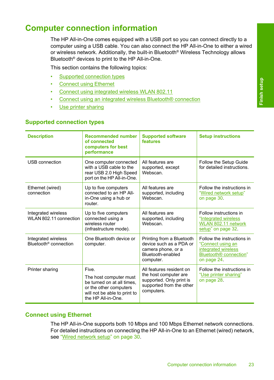 Computer connection information, Supported connection types, Connect using ethernet | Connection, Connection to print from your computer, Use printer sharing | HP Photosmart C8180 All-in-One Printer User Manual | Page 24 / 235