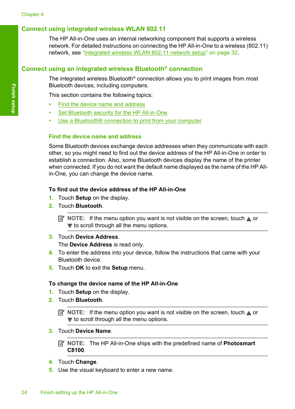 Connect using integrated wireless wlan 802.11, Find the device name and address | HP Photosmart C8180 All-in-One Printer User Manual | Page 25 / 235