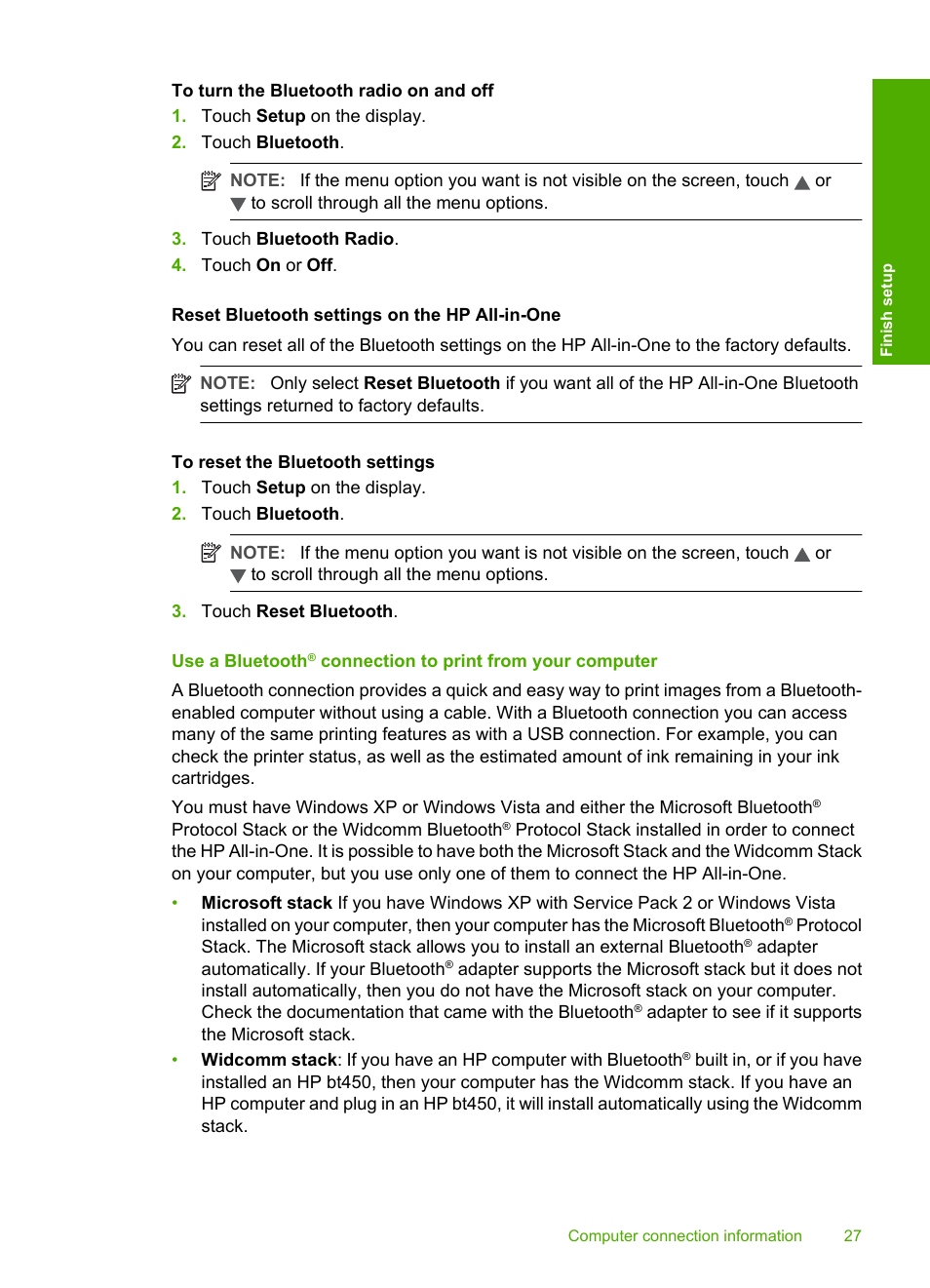 Reset bluetooth settings on the hp all-in-one | HP Photosmart C8180 All-in-One Printer User Manual | Page 28 / 235