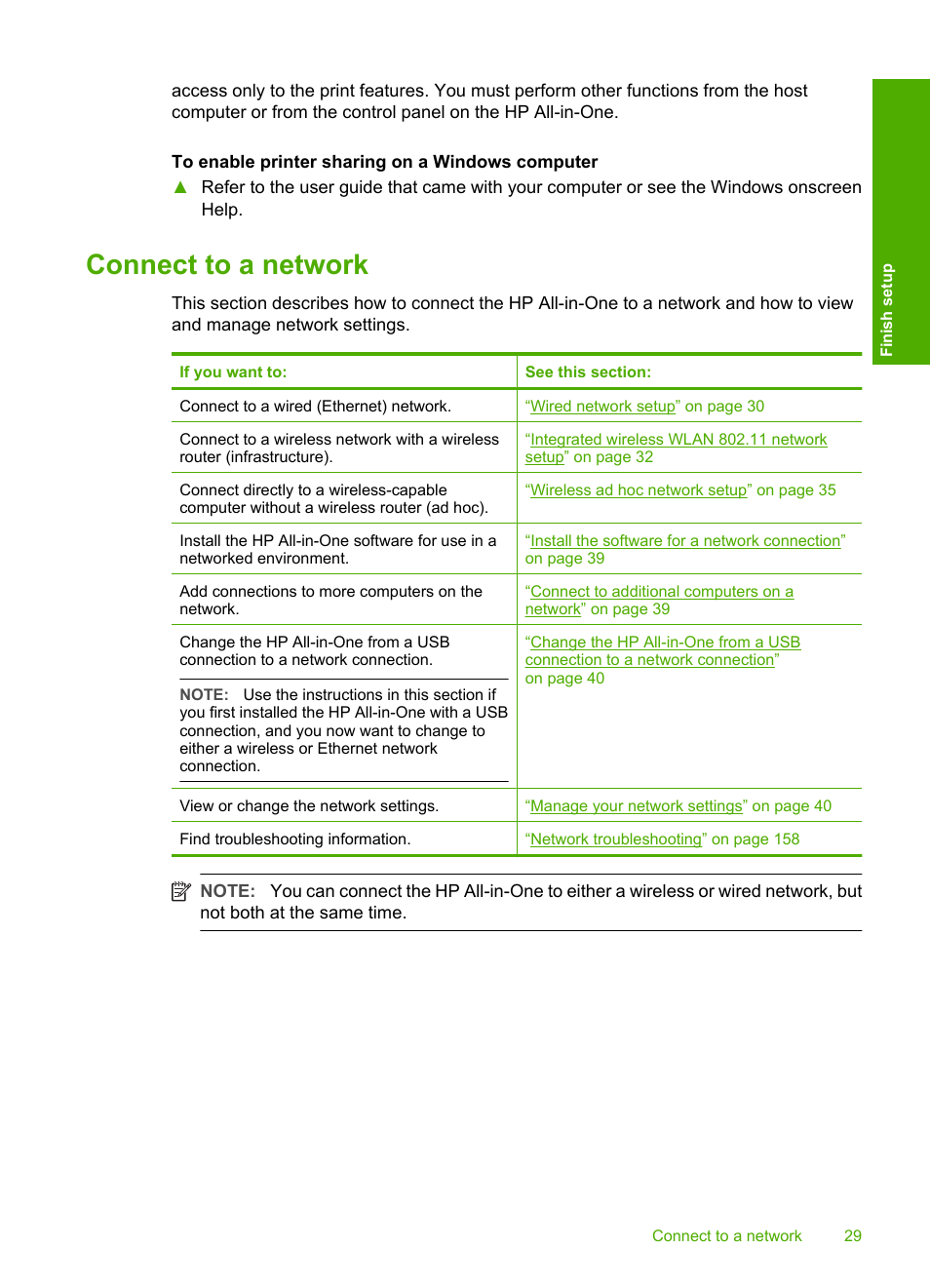 Connect to a network, Wired network setup, Integrated wireless wlan 802.11 network setup | Wireless ad hoc network setup, Network glossary | HP Photosmart C8180 All-in-One Printer User Manual | Page 30 / 235