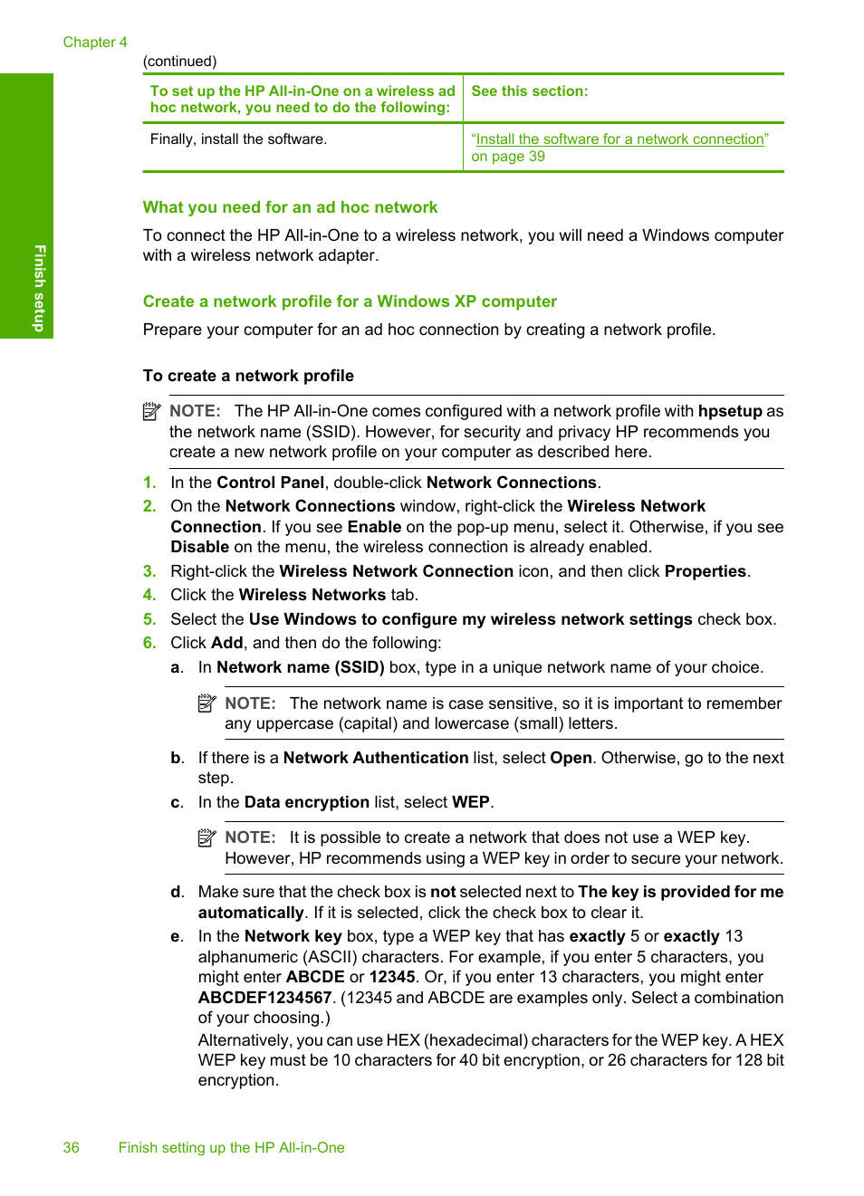 What you need for an ad hoc network, Create a network profile for a windows xp computer | HP Photosmart C8180 All-in-One Printer User Manual | Page 37 / 235