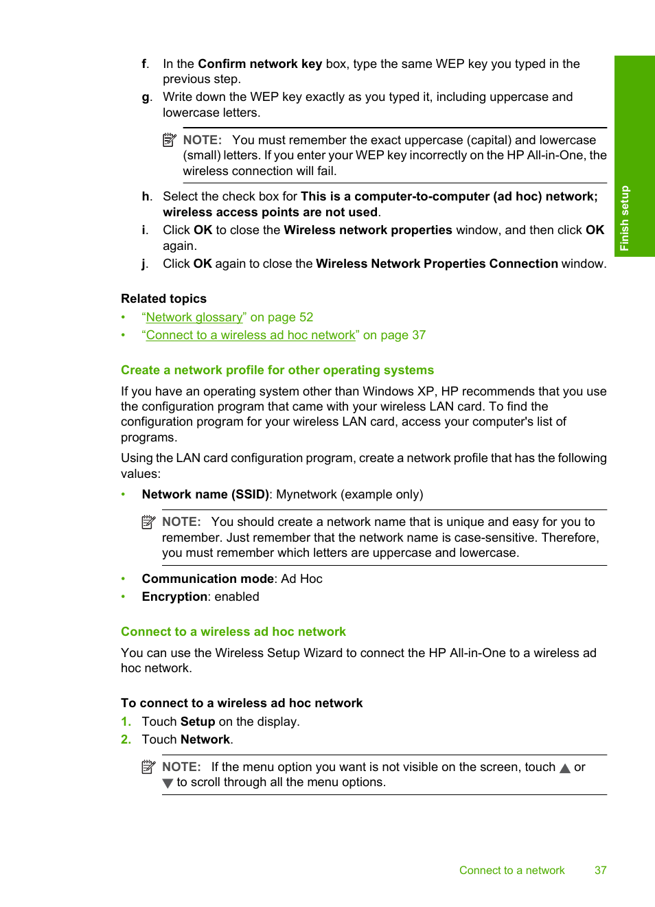 Connect to a wireless ad hoc network | HP Photosmart C8180 All-in-One Printer User Manual | Page 38 / 235