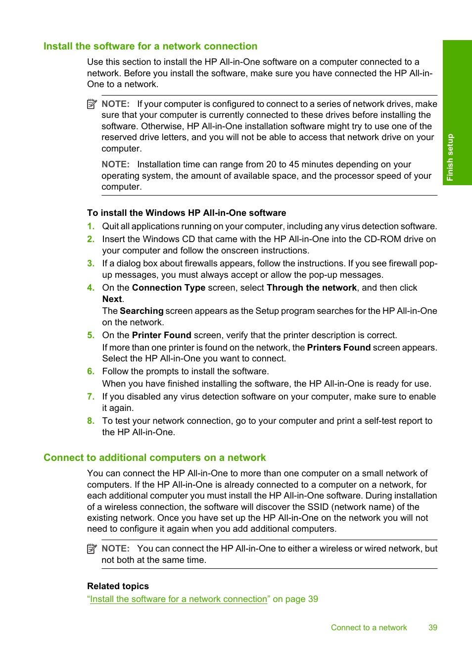 Install the software for a network connection, Connect to additional computers on a network | HP Photosmart C8180 All-in-One Printer User Manual | Page 40 / 235