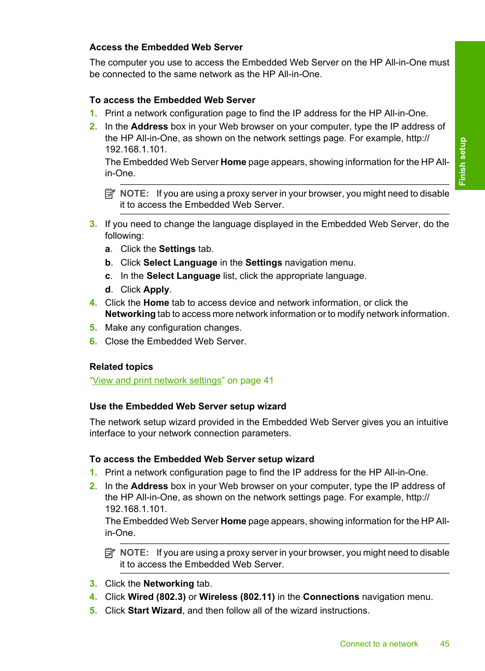 Access the embedded web server, Use the embedded web server setup wizard | HP Photosmart C8180 All-in-One Printer User Manual | Page 46 / 235