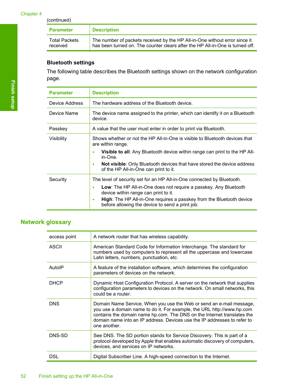 Network glossary, Bluetooth settings | HP Photosmart C8180 All-in-One Printer User Manual | Page 53 / 235