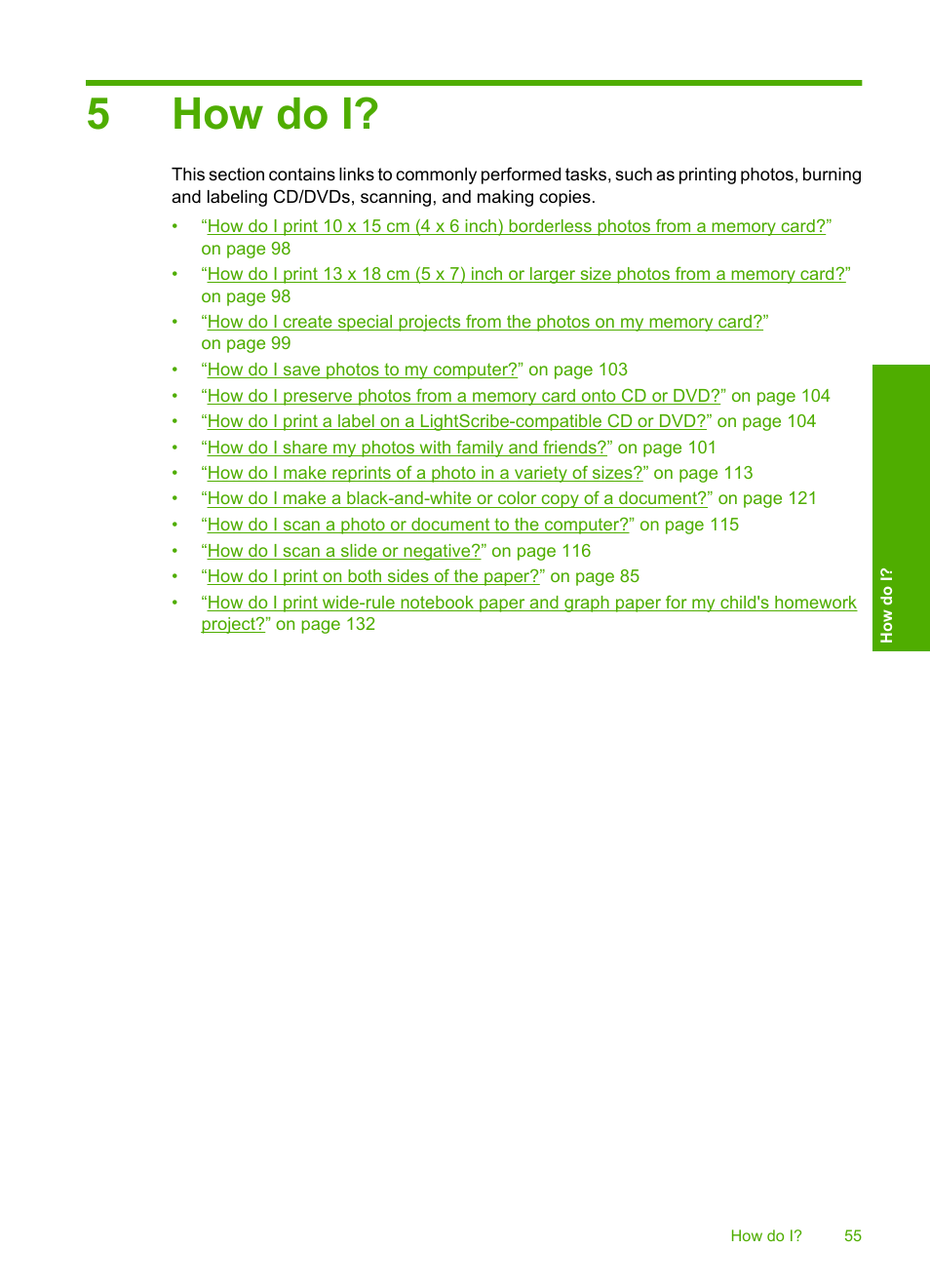 How do i, 5 how do i, 5how do i | HP Photosmart C8180 All-in-One Printer User Manual | Page 56 / 235