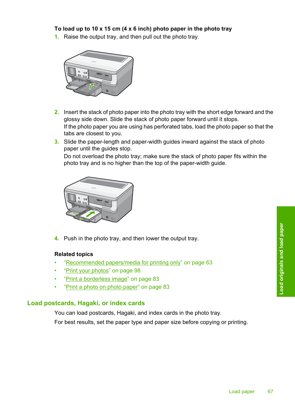 Load postcards, hagaki, or index cards | HP Photosmart C8180 All-in-One Printer User Manual | Page 68 / 235