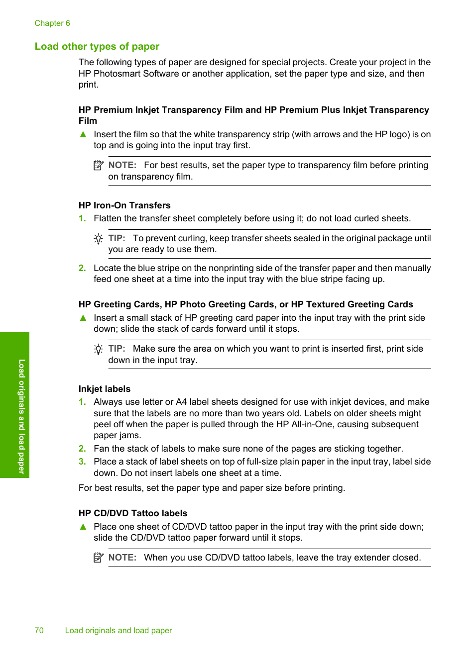 Load other types of paper | HP Photosmart C8180 All-in-One Printer User Manual | Page 71 / 235