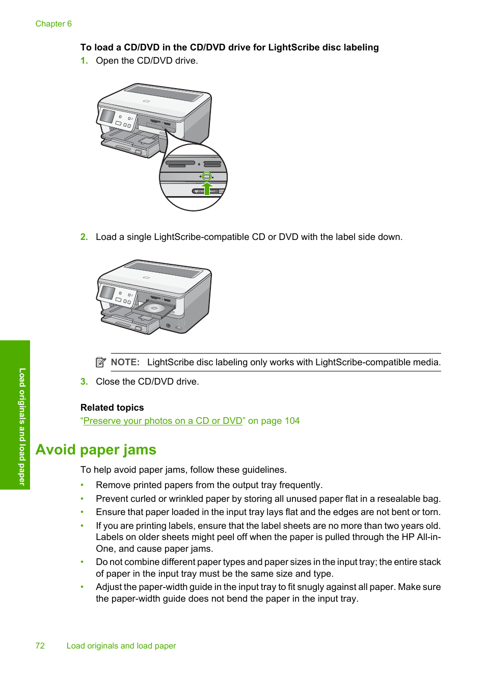 Avoid paper jams | HP Photosmart C8180 All-in-One Printer User Manual | Page 73 / 235