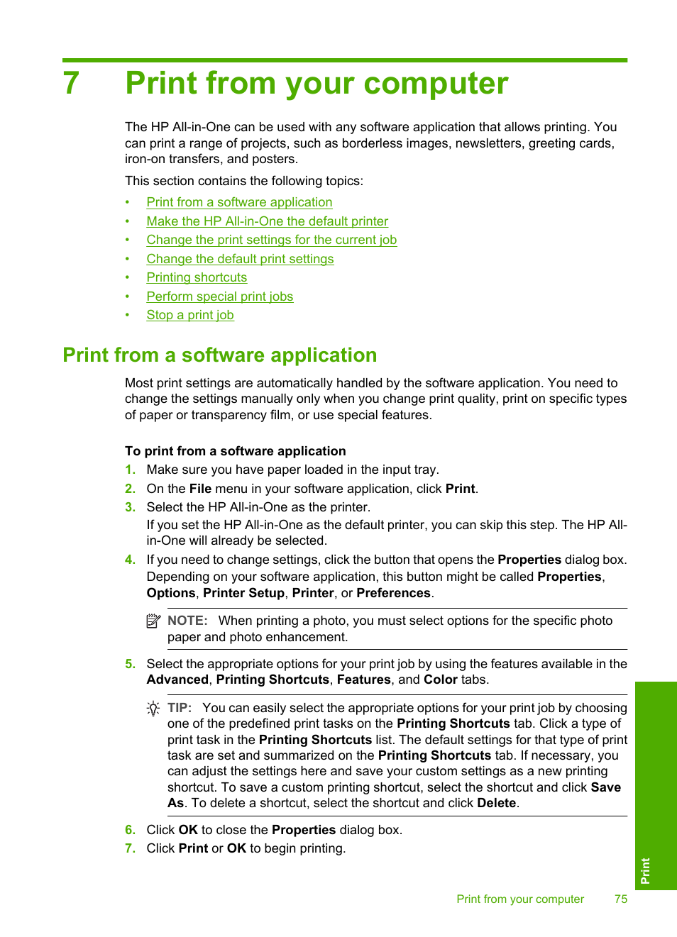 Print from your computer, Print from a software application, 7 print from your computer | 7print from your computer | HP Photosmart C8180 All-in-One Printer User Manual | Page 76 / 235