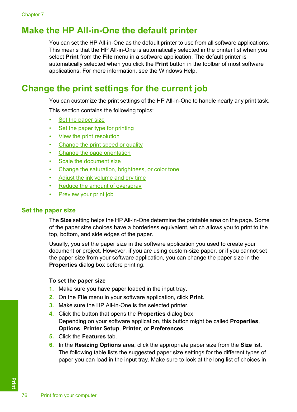 Make the hp all-in-one the default printer, Change the print settings for the current job, Set the paper size | HP Photosmart C8180 All-in-One Printer User Manual | Page 77 / 235