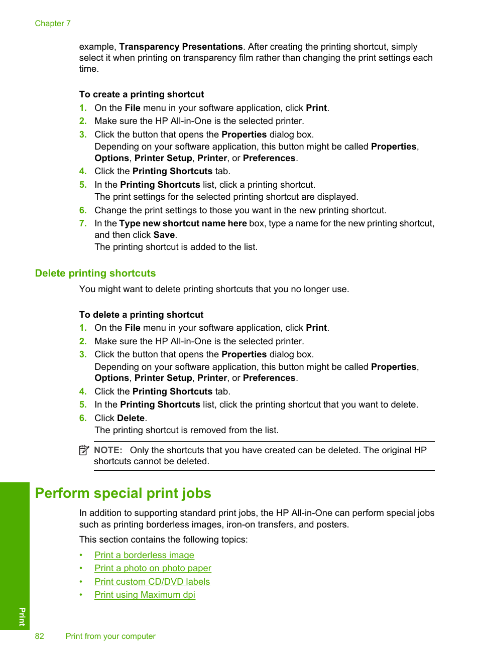 Delete printing shortcuts, Perform special print jobs | HP Photosmart C8180 All-in-One Printer User Manual | Page 83 / 235