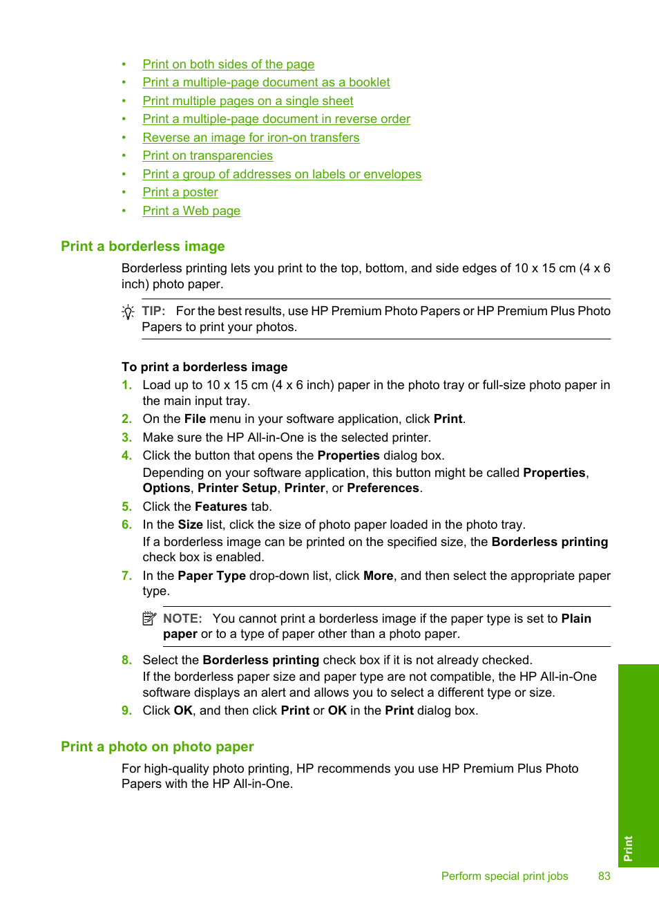 Print a borderless image, Print a photo on photo paper | HP Photosmart C8180 All-in-One Printer User Manual | Page 84 / 235